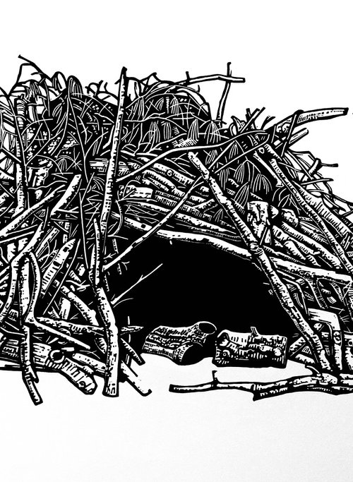 Forest Shelter (mono) linocut print by Ieuan Edwards