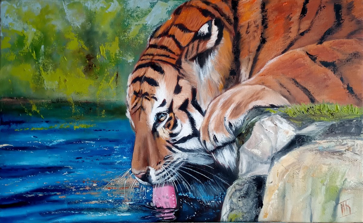 Impressionistic Animal Oil Painting By Ira Whittaker, 23 X 14, Drinking Tiger, Original Artwork