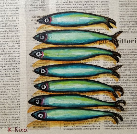 "Anchovies on Newspaper" Original Oil on Canvas Board Painting 8 by 8 inches (20x20 cm)