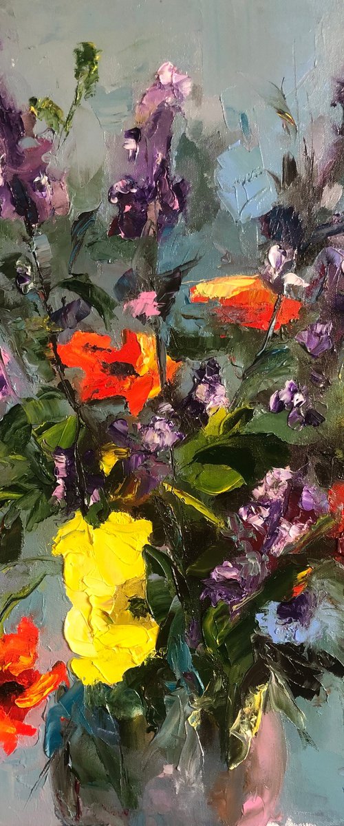 BOUQUET OF WILD FLOWERS, Oil on canvas panel by Svetlana Caikovska