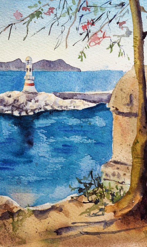 Lycian tomb and lighthouse - seaview landscape original watercolor by Delnara El