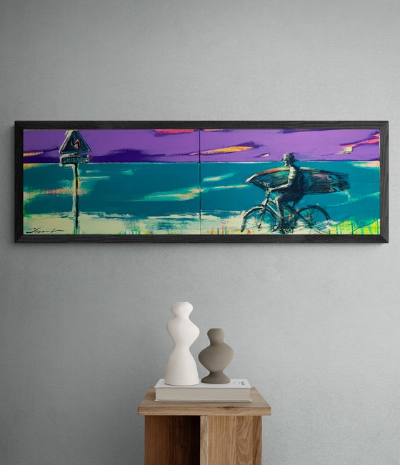 Bright painting - "SURF - 1 km" - Pop art - Surfing - Bike - Seascape - Sunset