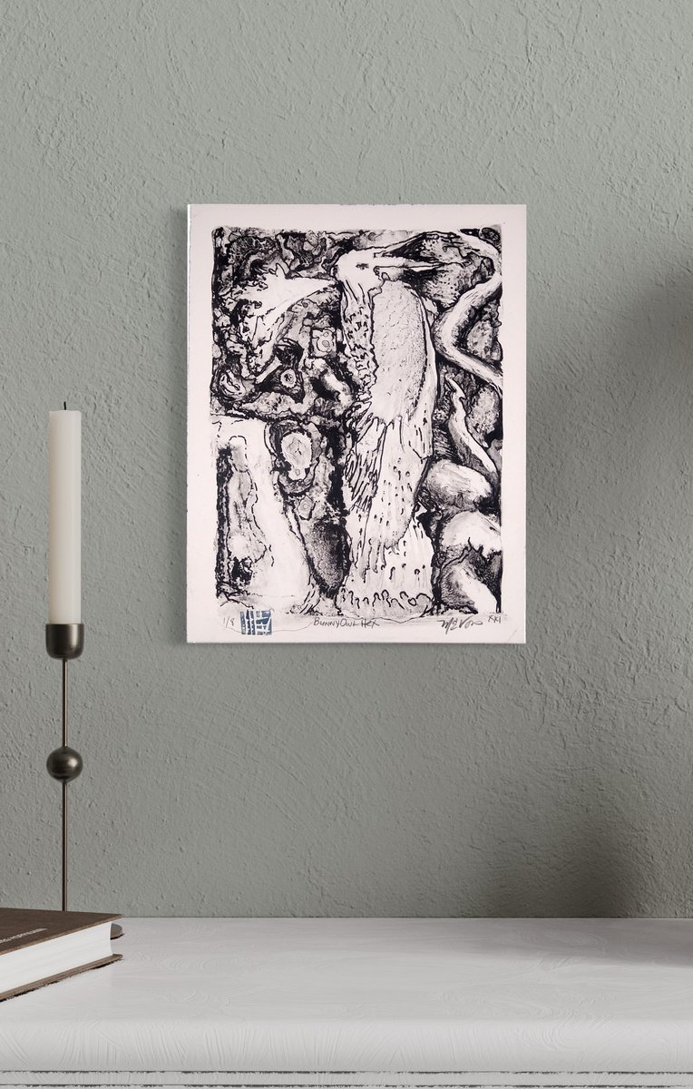 Organic Abstract Limited Edition Print By Michael E. Voss, 9 X 11", Bunny Owl Hex, Original Artwork