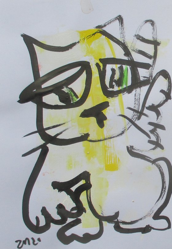 2 yellow cats 8,2 x 5,9 inch unique mixedmedia drawing