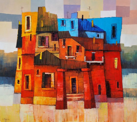 Houses-1(90x80cm, oil painting, ready to hang)