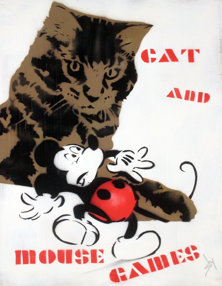 Urban And Pop Animal Painting By Juan Sly, 23 X 30", Cat And Mouse Games. (U), Original Artwork