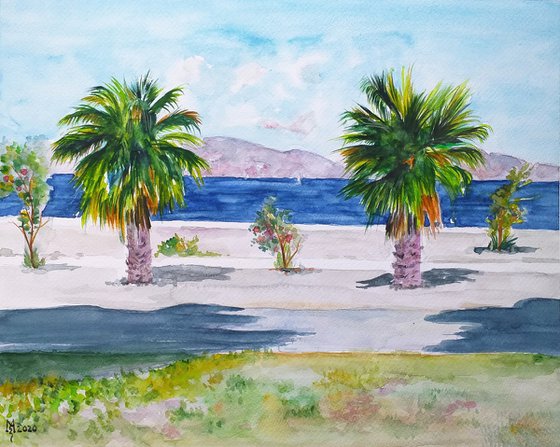 TWO PALMS ON A HAPPY ISLAND / 40 x 32 cm