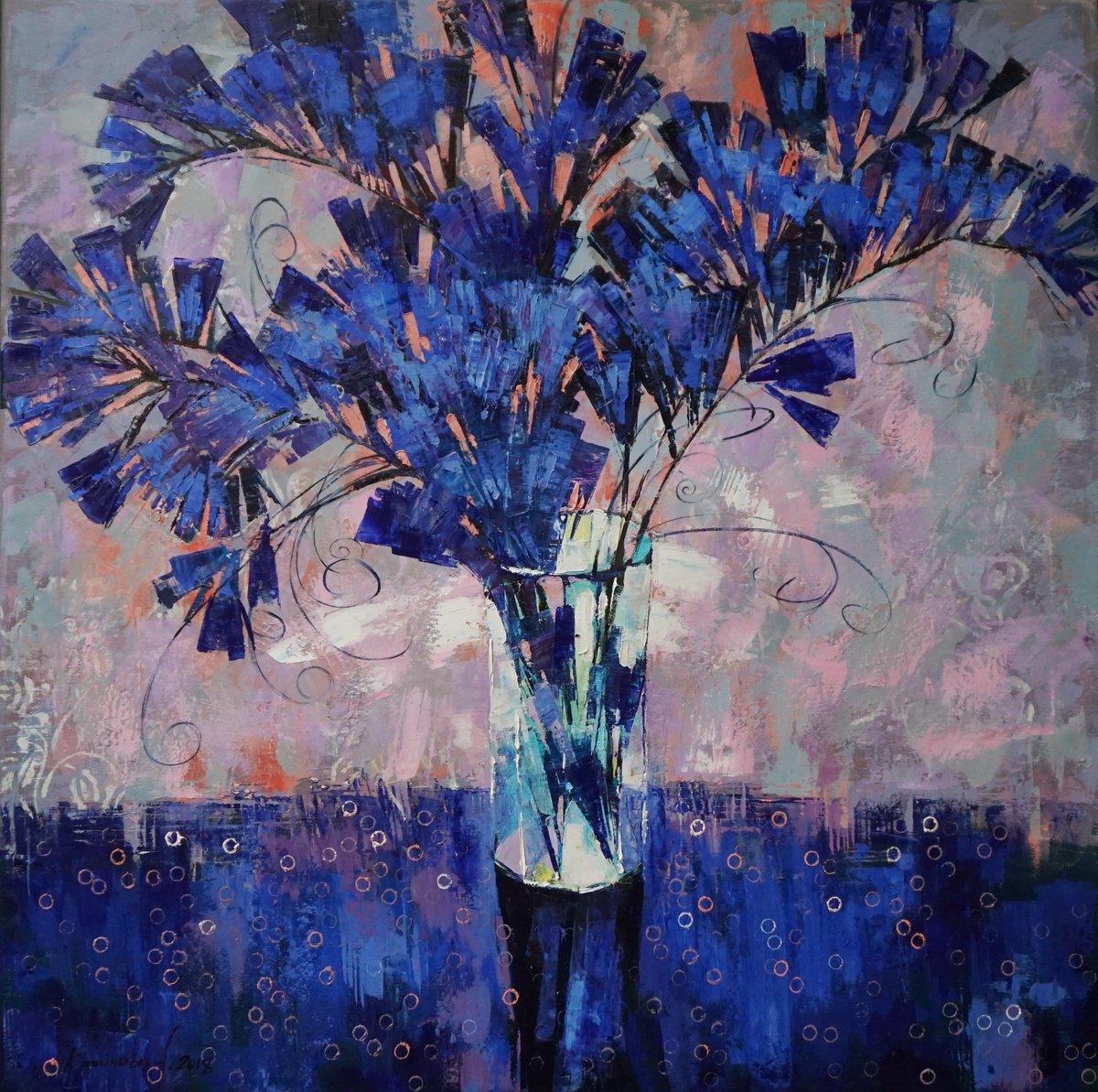Impressionistic Still Life Oil Painting By Anastasiia Kraineva (Masniuk), 39 X 39, Ultramarine Scent, Original Artwork