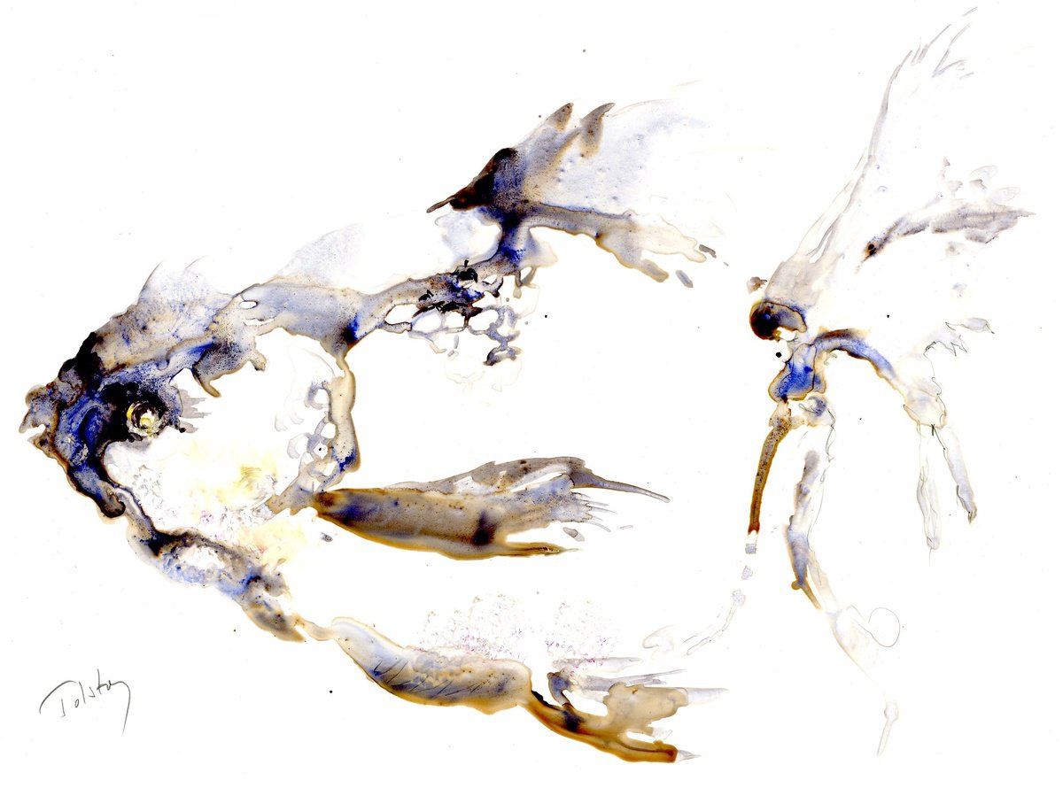 Impressionistic Animal Watercolour By Alex Tolstoy, 13 X 10, Fat Fish On Yupo, Original Artwork