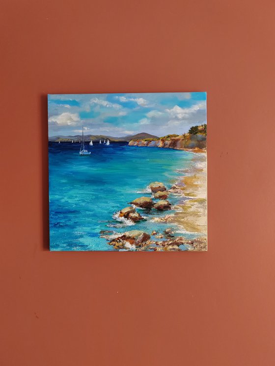 Coastal beach oil painting blue ocean landscape wall decor 20x20"