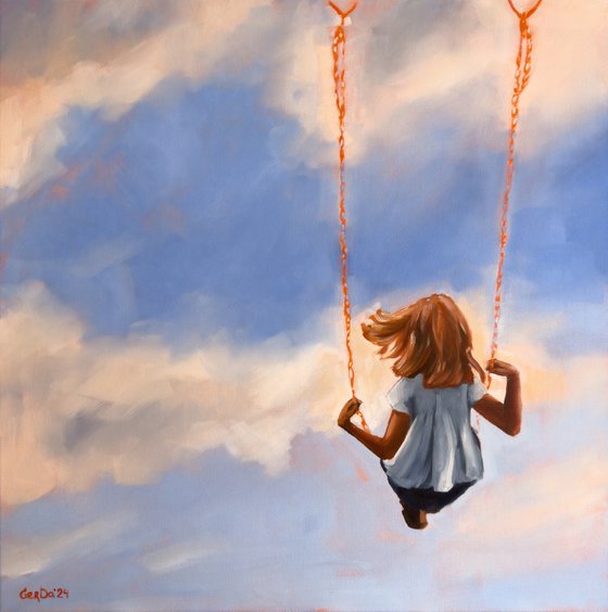 Childhood - Small Girl on Swing Cloud Sky Painting Painting