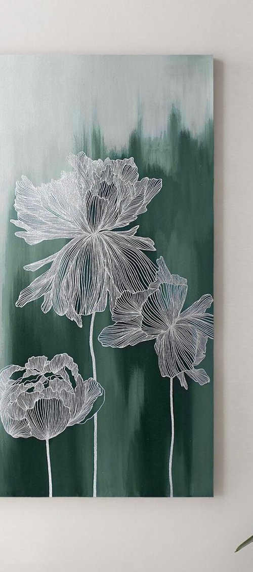 "Emerald Thinness 3" Abstract flower art by Marine Boiko