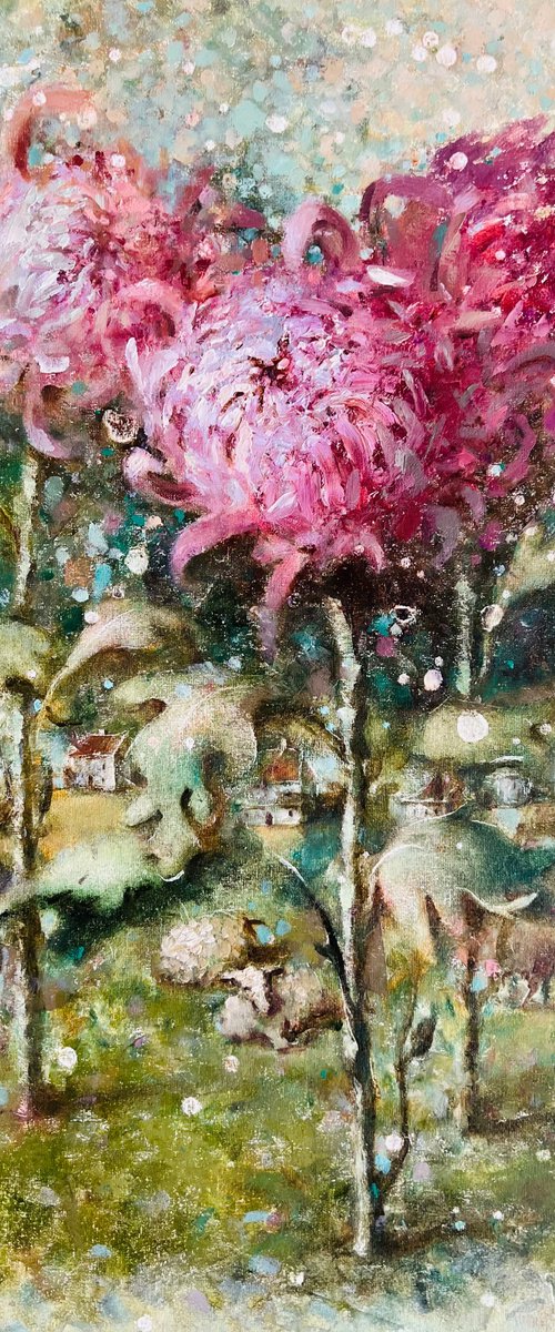 Pink Autumn chrysanthemums by Yulia Odukalets
