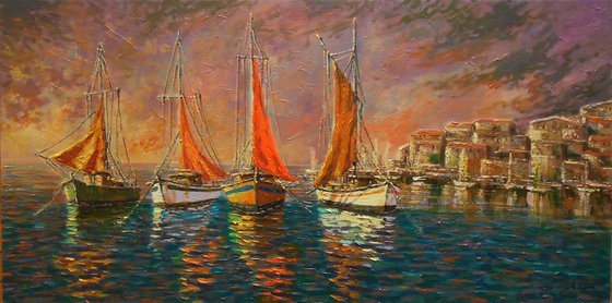 "OLD HARBOR", oil on canvas, YOU CAN ORDER THE SAME PAINTING !, FREE SHIPPING!  30 % OFF SALE !!! sescape, boats, huge size