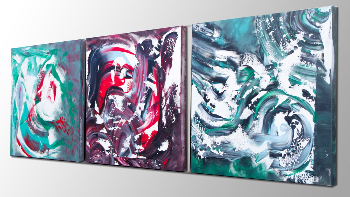 Expressive Abstract Acrylic Painting By Davide De Palma, 71 X 24, The Dream Runs Away, Triptych, Original Artwork