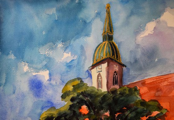 Bratislava church ORIGINAL watercolor painting, travel city gift, Slovakia Europe cityscape, plein air artwork