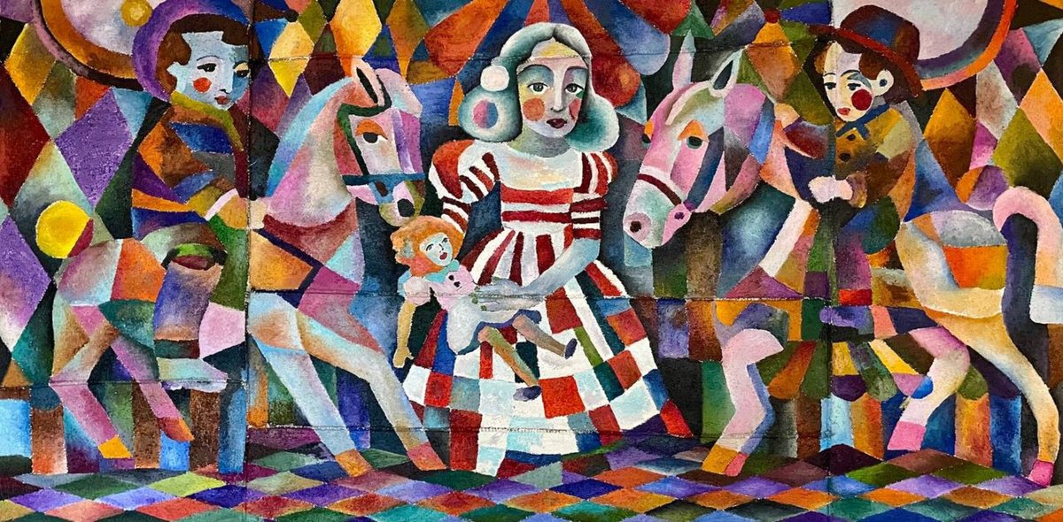 Geometric Portrait Oil Painting By Tatiana Fedorovskaya, 79 X 39", Pink Races, Original Artwork