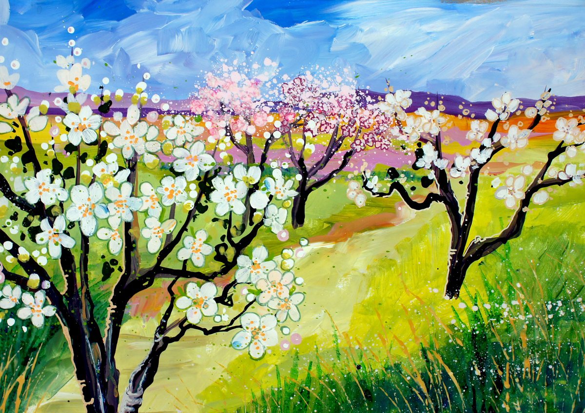 Impressionistic Landscape Acrylic Painting By Julia Rigby, 14 X 10", The Orchard, Original Artwork