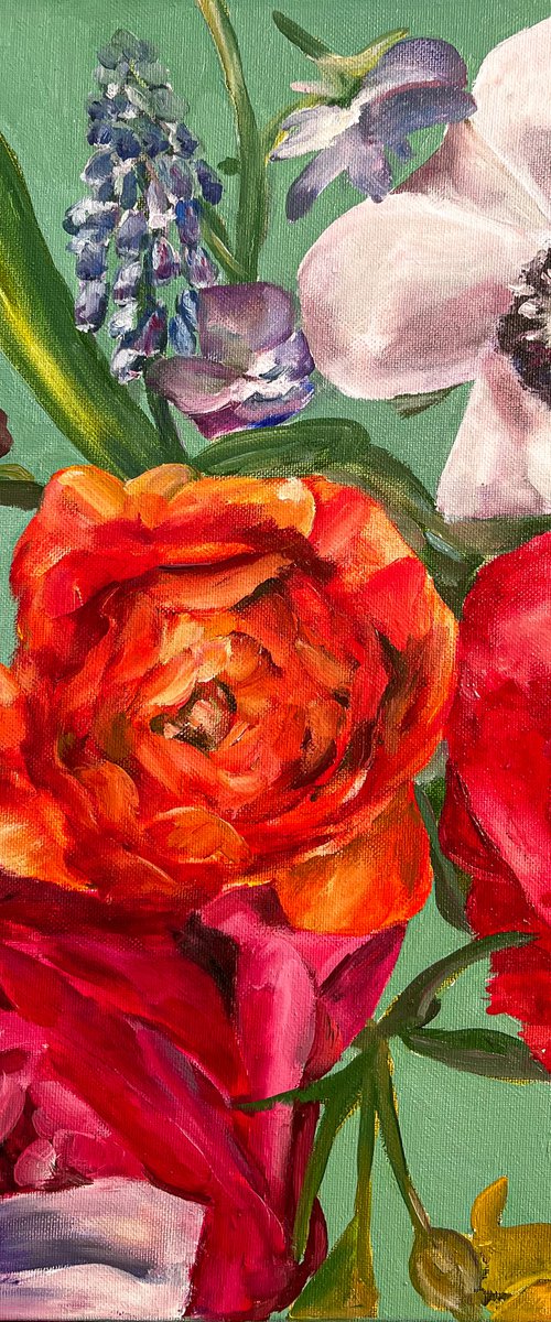 Bright flowers on a turquoise background, small oil painting by Diana Timchenko