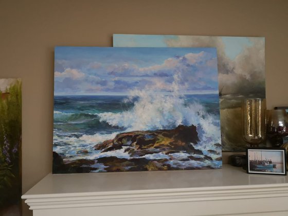 Sun on the ocean wave, original one of a kind acrylic on wide edges canvas seascape