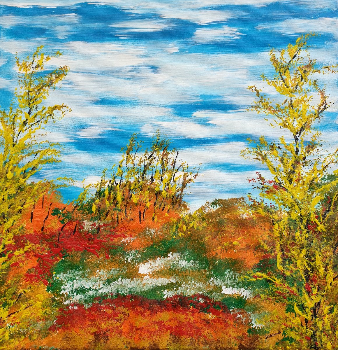 Impressionistic Landscape Acrylic Painting By Daniel Urbani?k, 16 X 16, Autumn Day, Original Artwork