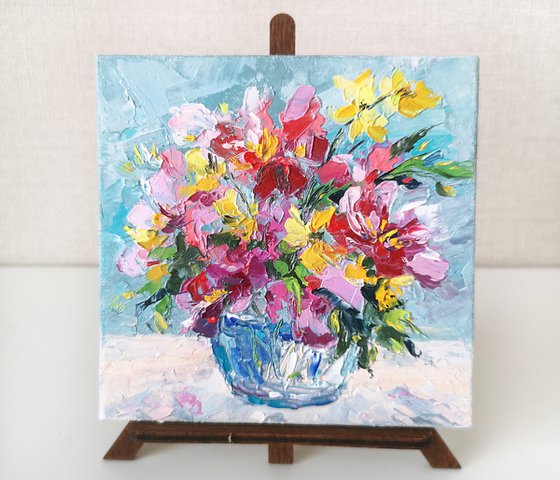 Bright flowers in vase. Impressionist bouquet, Small floral oil painting