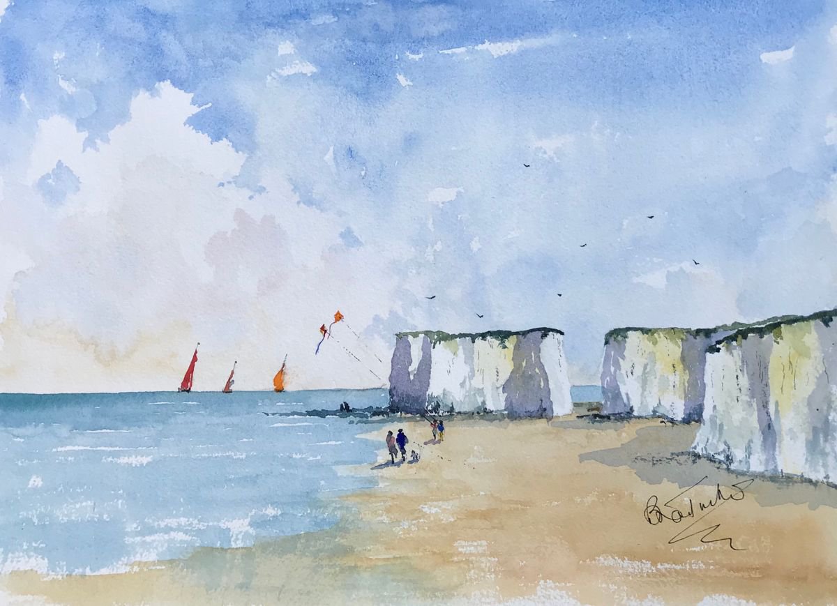 Expressive Landscape Watercolour By Brian Tucker, 14 X 10, Kites Flying At Botany Bay In Kent, Original Artwork