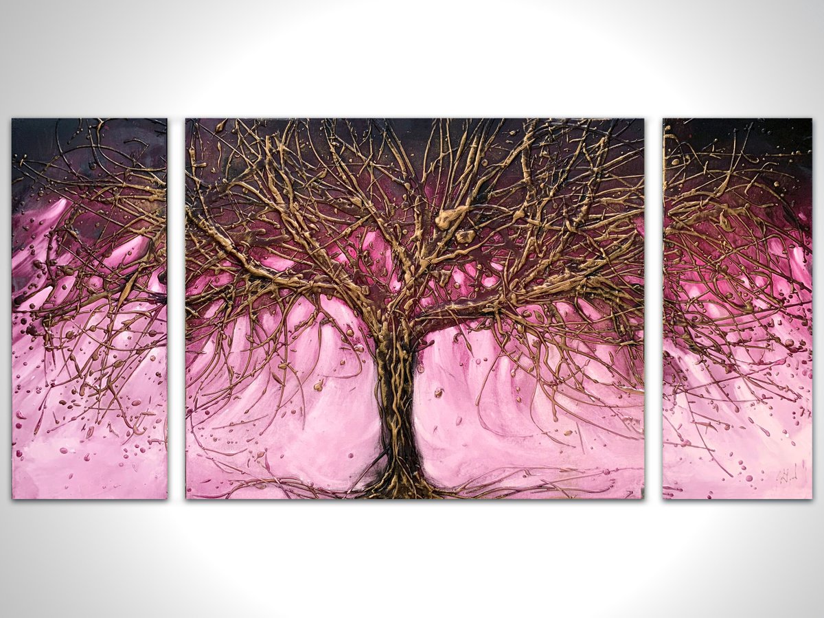 Magenta Gold Tree Triptych I by Carol Wood