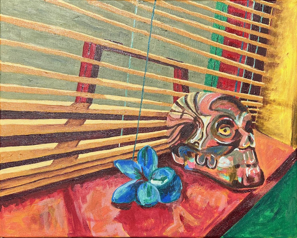 Still Life Acrylic Painting By Heather Kostal, 20 X 16, Flower, Skull, And Blinds, Original Artwork