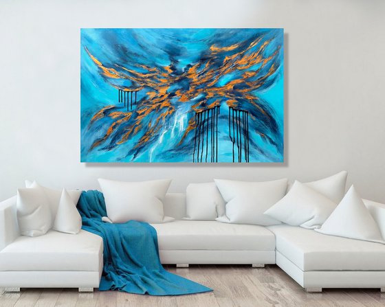 COMMISSIONED ARTWORK FOR M N-K - Blue Planet #2 - XL LARGE,  TEXTURED ABSTRACT ART – EXPRESSIONS OF ENERGY AND LIGHT. READY TO HANG!