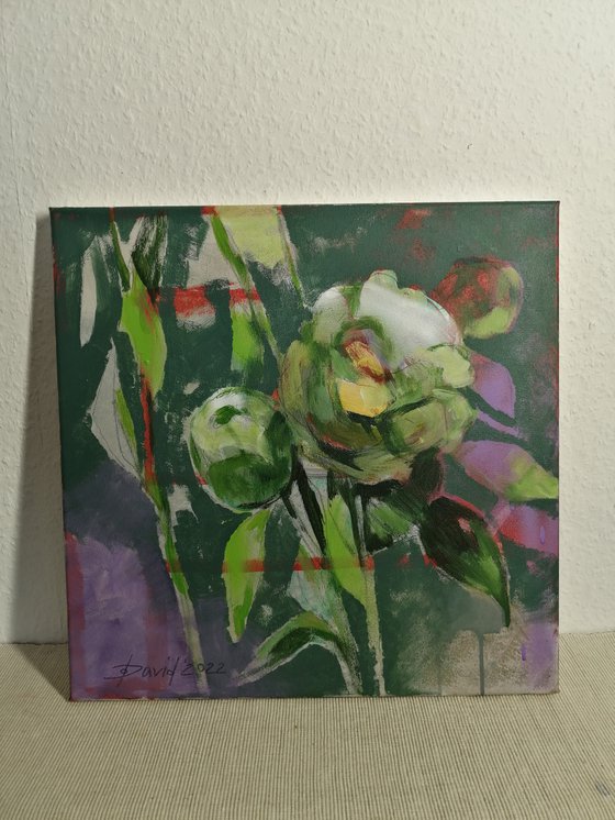 Green peonies modern painting