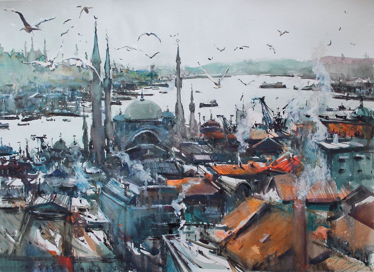 Impressionistic Landscape Watercolour By Maximo Damico, 22 X 15", Istanbul Port, Original Artwork