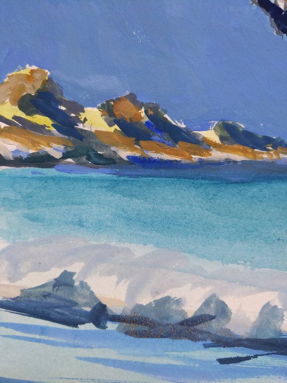 Umbrella on the beach of Corfu island - Corfu island - original watercolor painting - seascape painting - waves