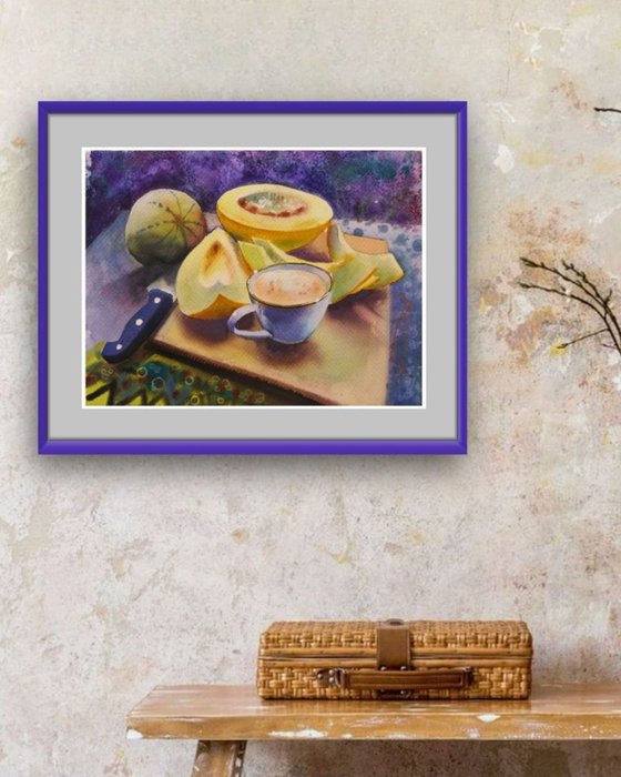 Melon and Cappuccino Still  Life Watercolor Painting