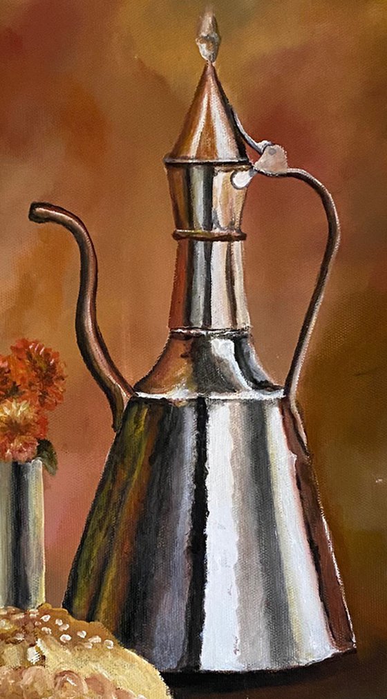 Silver Antique Kettle Original Oil Painting in a gorgeous frame 12x16