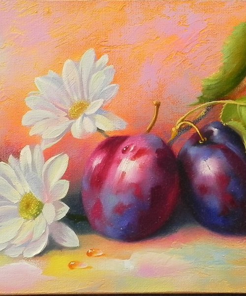 "Flowers and plums" Original art, Still life, Small wall art by Tetiana Novikova