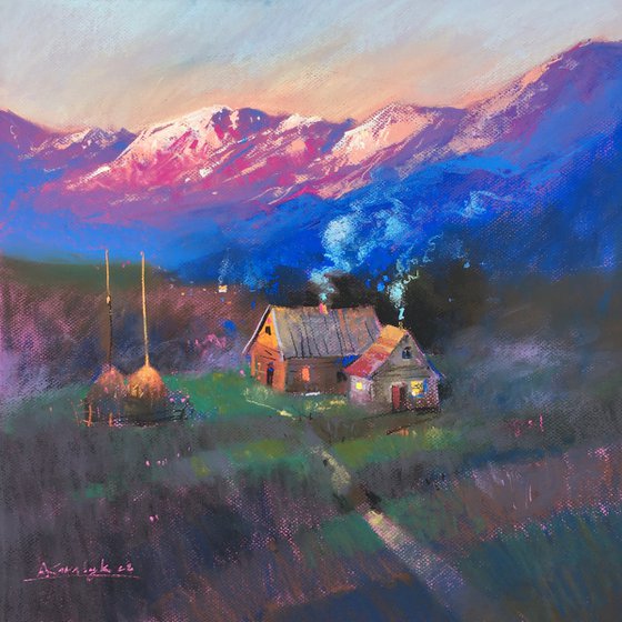 Ukrainian art Sunrise in the Carpathians Mountains. Soft pastel drawing 19.6x19.6 inch (50x50 cm)