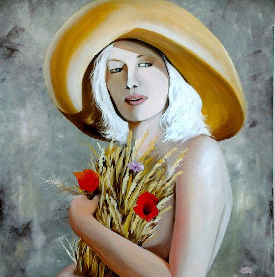 Woman with wheat and poppies