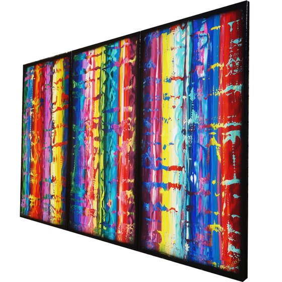 Rainbow A603 Large abstract paintings Palette knife 100x150x2 cm set of 3 original abstract acrylic paintings on stretched canvas