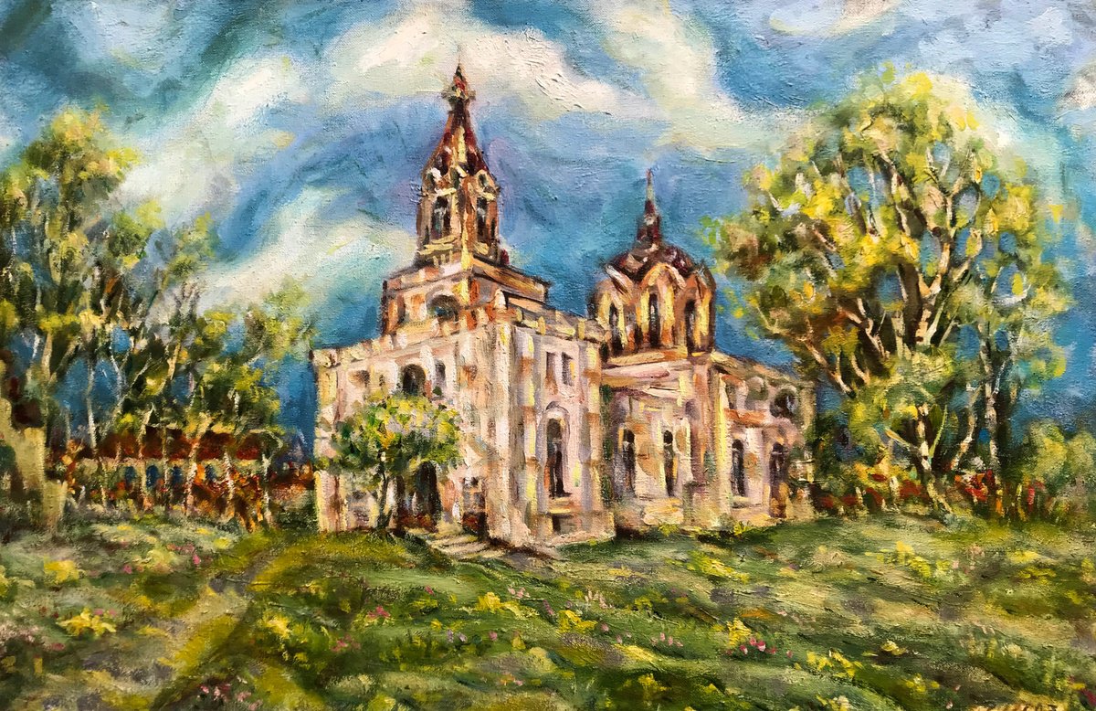 Impressionistic Landscape Oil Painting By Ivan Shapoval, 30 X 20, Church In Ryabushki, Original Artwork