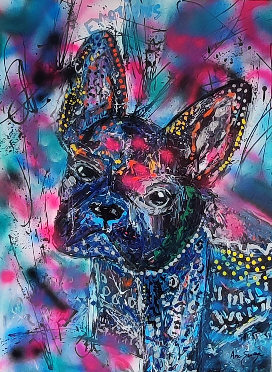 Abstract Animal Acrylic Painting By ?ME Sauvage, 24 X 32, Bouledogue Disco, Original Artwork