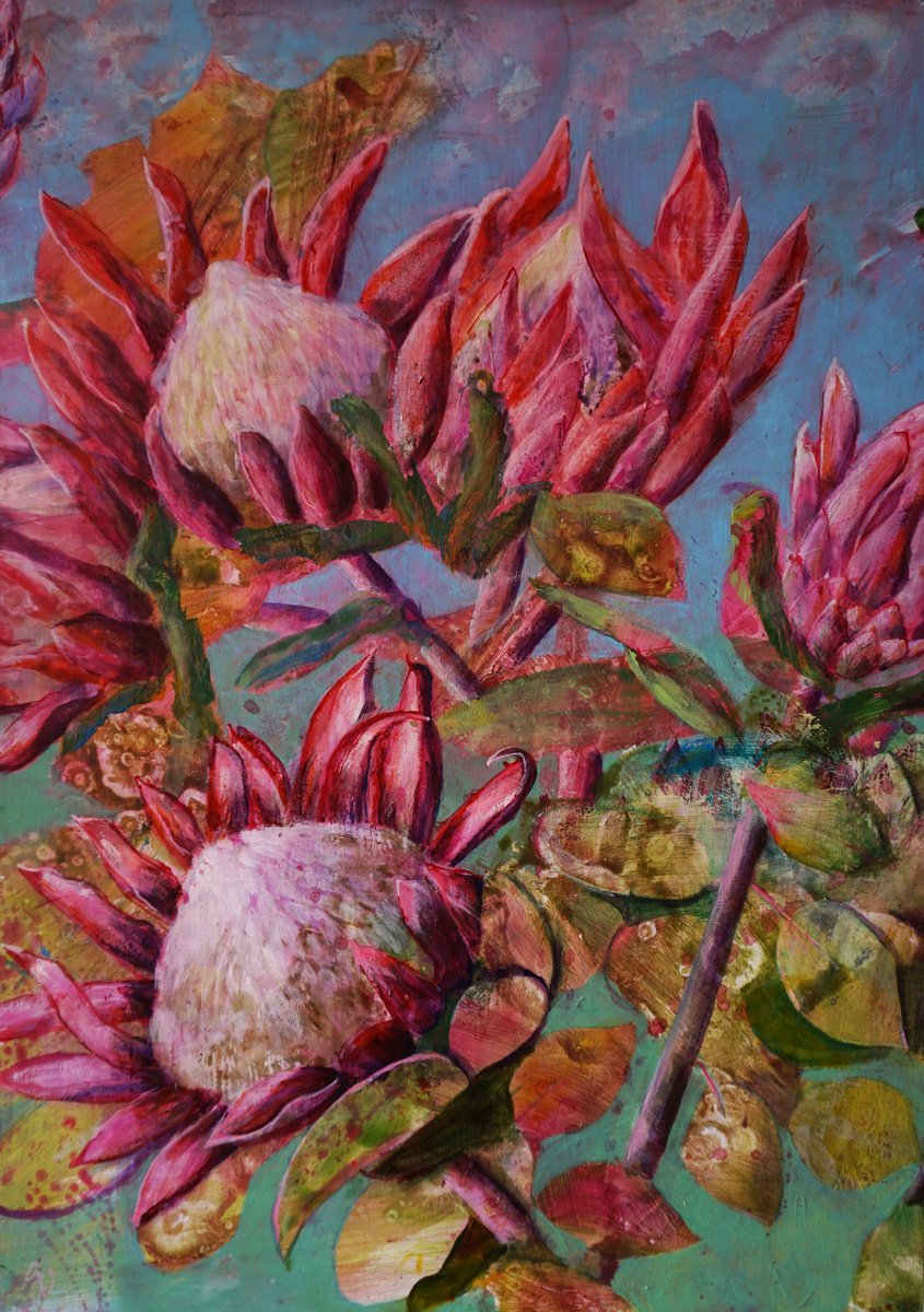 Organic Botanical Acrylic Painting By Dora Stork, 20 X 28, Protea Symphony Ii., Original Artwork