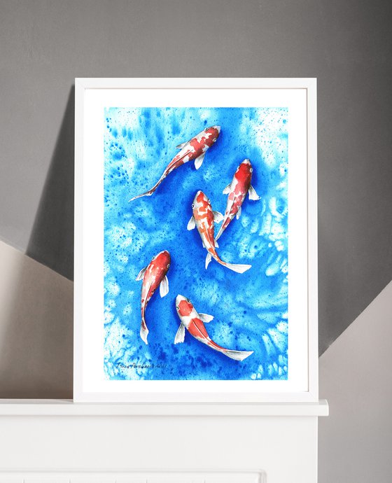 Koi carps  watercolor painting, Blue sea  painting, nautical  artwork,  blue and red, kitchen decor, contemporary,  gift for mother