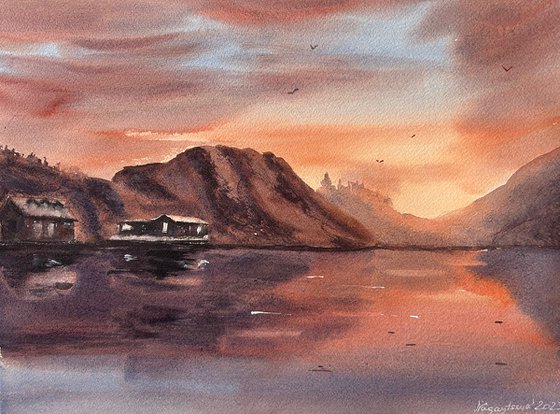 Original watercolour painting, New Foundland and Labrador sunset