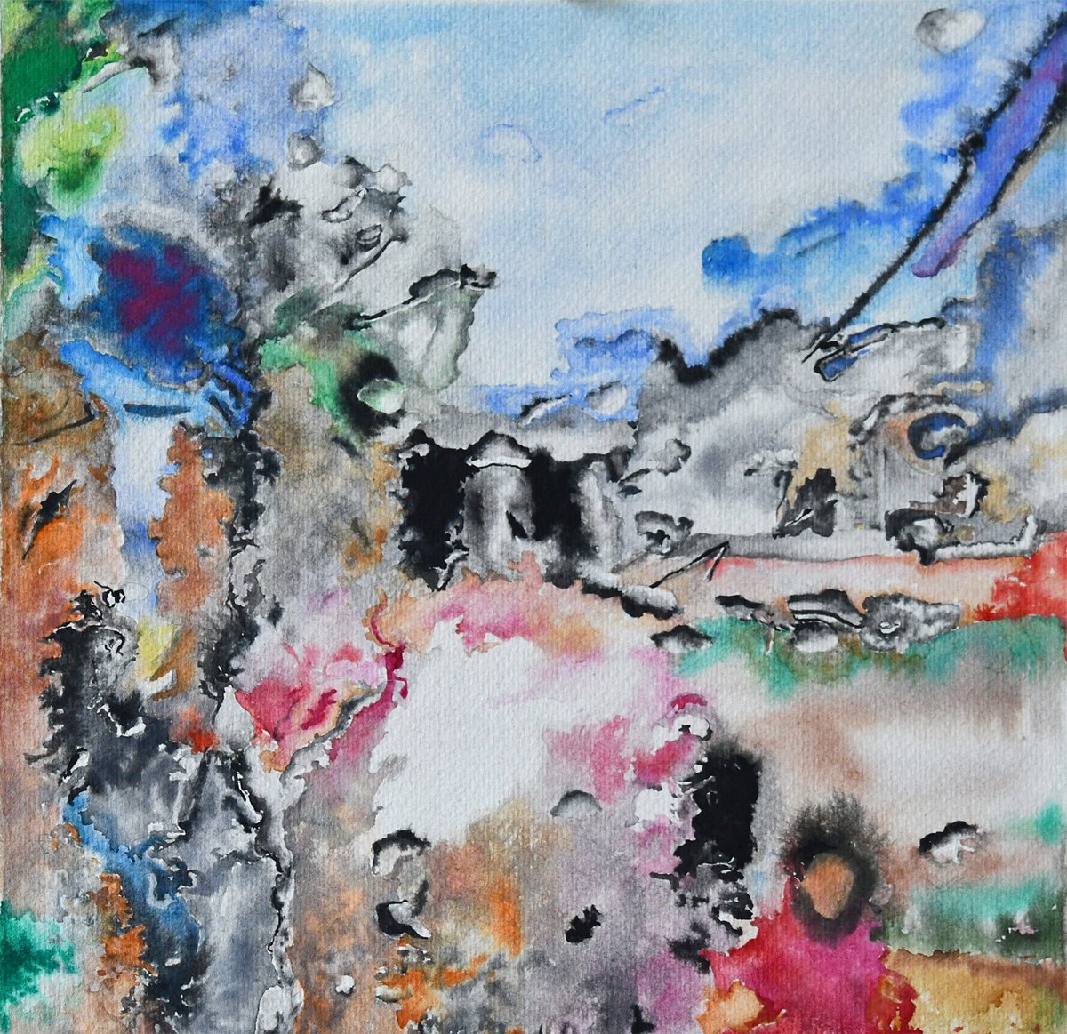 Abstract Watercolour By Zoltan Csomos, 11 X 11", Sensitive Journeys In The Rain 3., Original Artwork