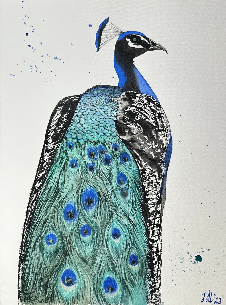 Animal Watercolour By Yuliia Sharapova, 16 X 20", The Peacock, Original Artwork