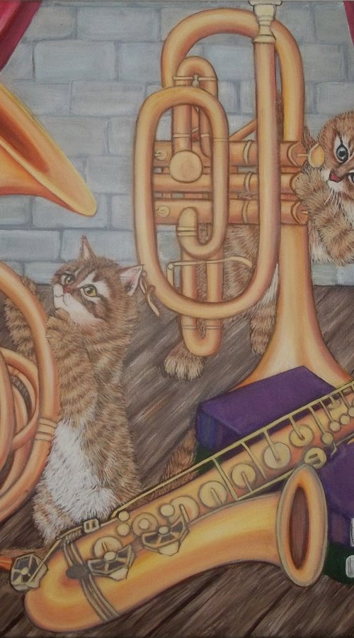 "Behind the scenes" Kittens and brass musical instruments by Sofya Mikeworth