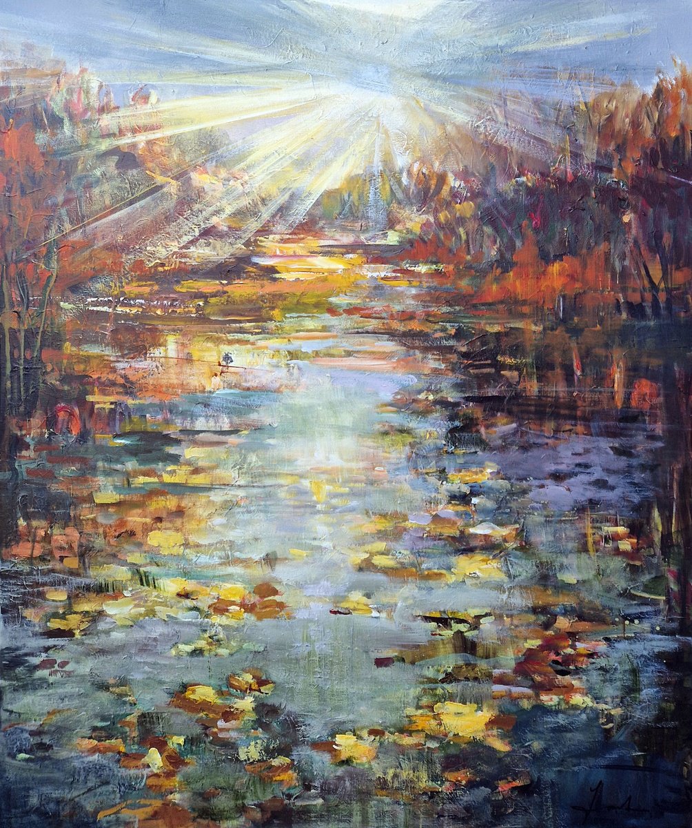 Impressionistic Landscape Acrylic Painting By Irina Laube, 39 X 47, At The Autumn Pond, Original Artwork