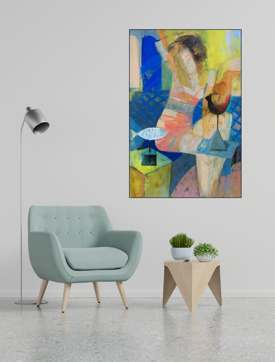 Expressive Portrait Oil Painting By Victoria Cozmolici, 31 X 47", Between Heaven And Earth, Original Artwork