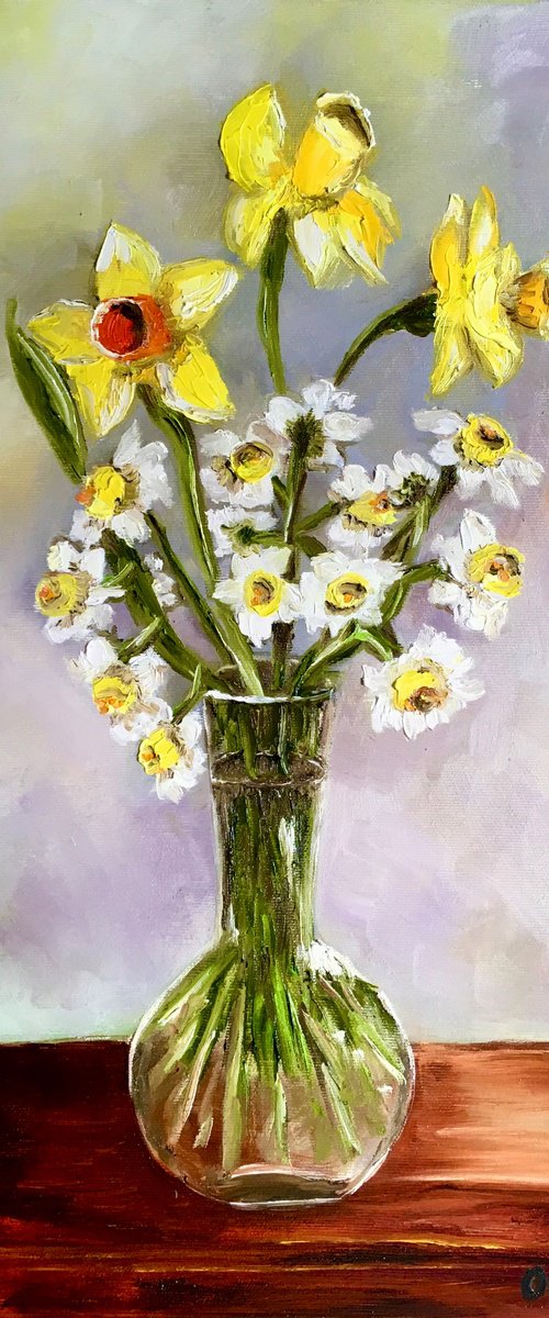 Bouquet of Daffodils  #6 on wooden  table, still life inspired by spring in a glass. by Olga Koval